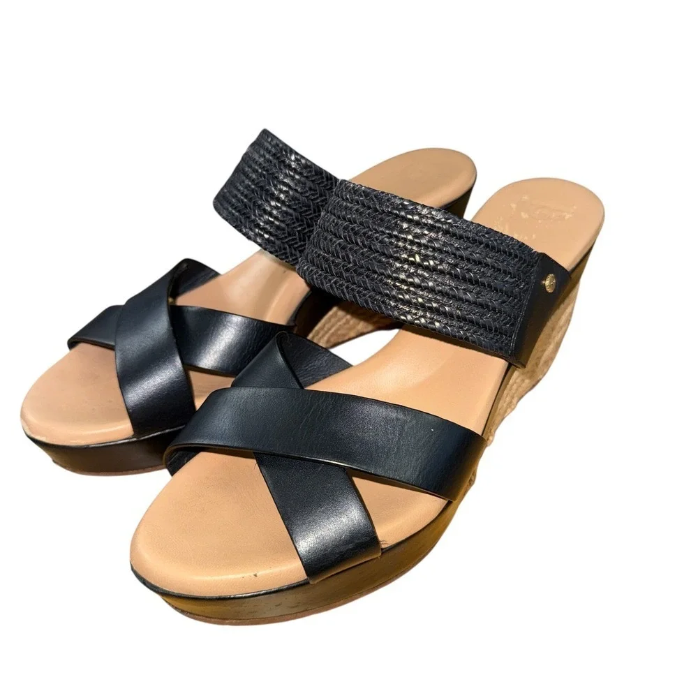 UGG Adriana Wedge Sandals Womens 8.5 Espadrille Slide Black Leather Braided Logo